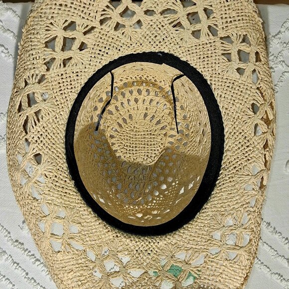 Boho CreamTribal Band Tycoon Crown Crochet Hollow Straw Cowboy Hat Festival - Picture 10 of 12